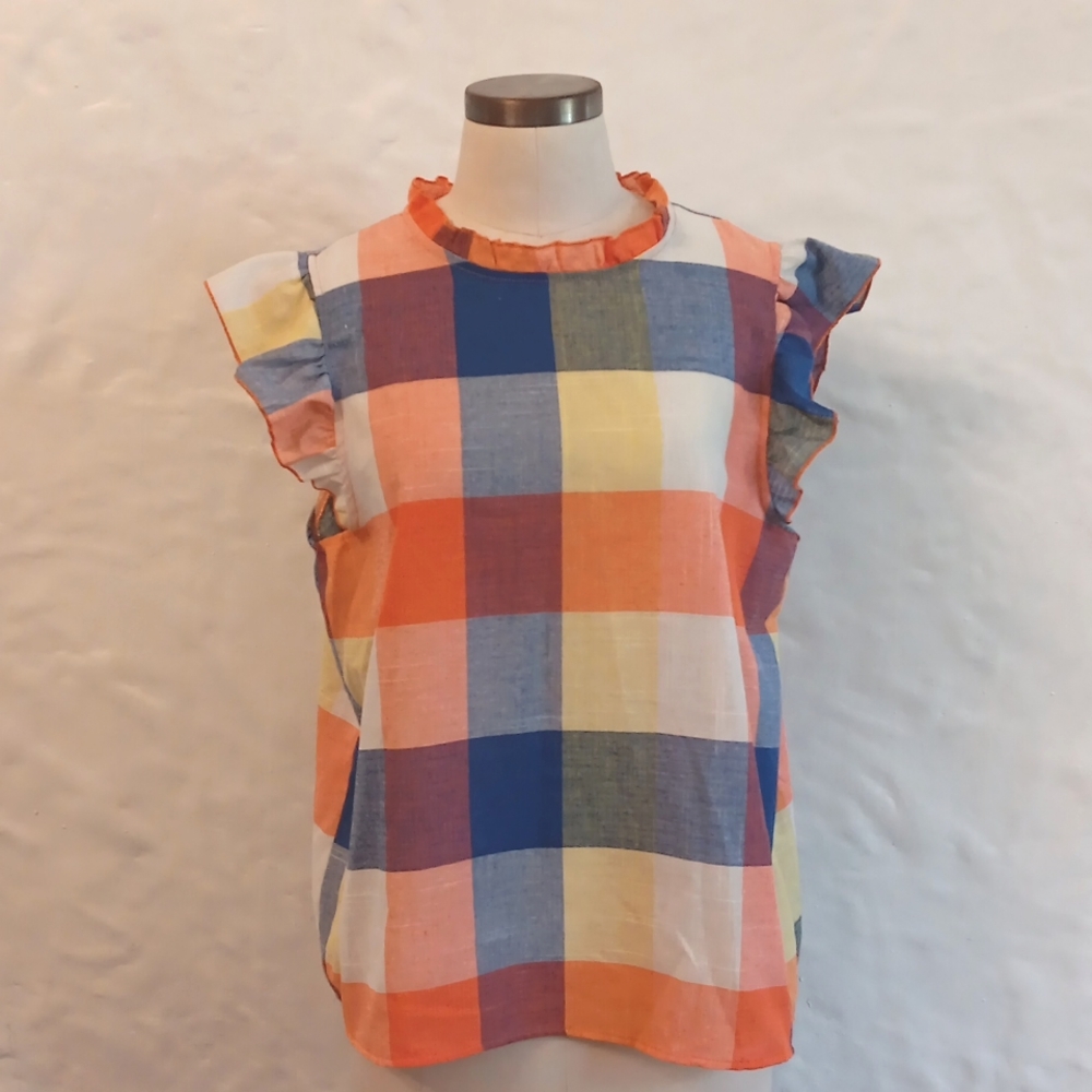 Emory Rose plaid sleeveless, cotton blend ruffled blouse. XL.